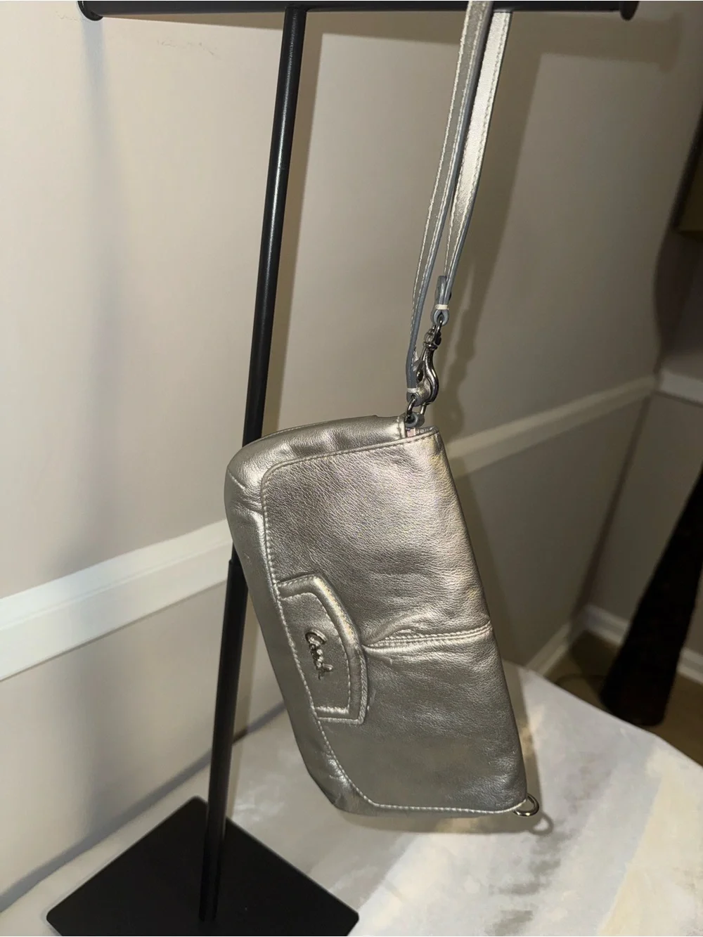 Coach Metallic Silver Leather Wristlet Clutch